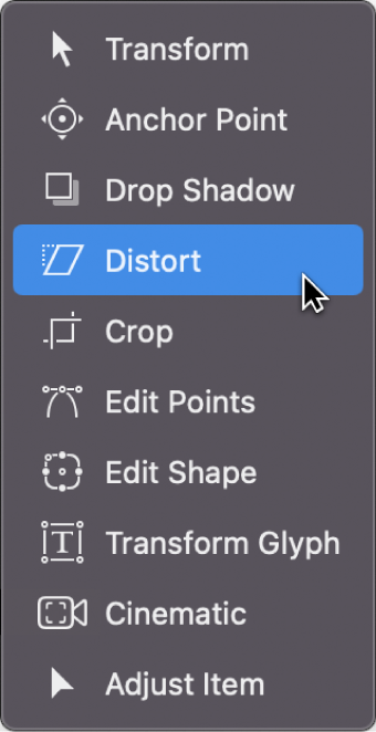 Selección de la herramienta Distorsión en el menú desplegable de herramientas de transformación