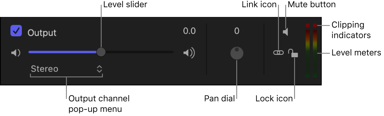 Lista Audio y controles de la pista de audio de salida, incluida la casilla de activación, los reguladores Nivel y Balance, el botón Silencio, el menú desplegable de canal de salida, el icono de bloqueo, los medidores de nivel y los indicadores de recorte