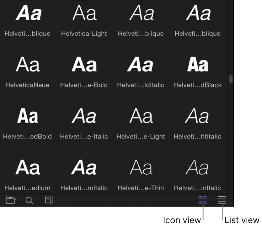 Botones “Visualización como iconos” y “Visualización como lista” en la biblioteca