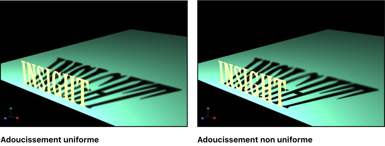 Canevas affichant un objet dont le réglage d’adoucissement uniforme de l’ombre est activé et l’objet avec ce même réglage désactivé
