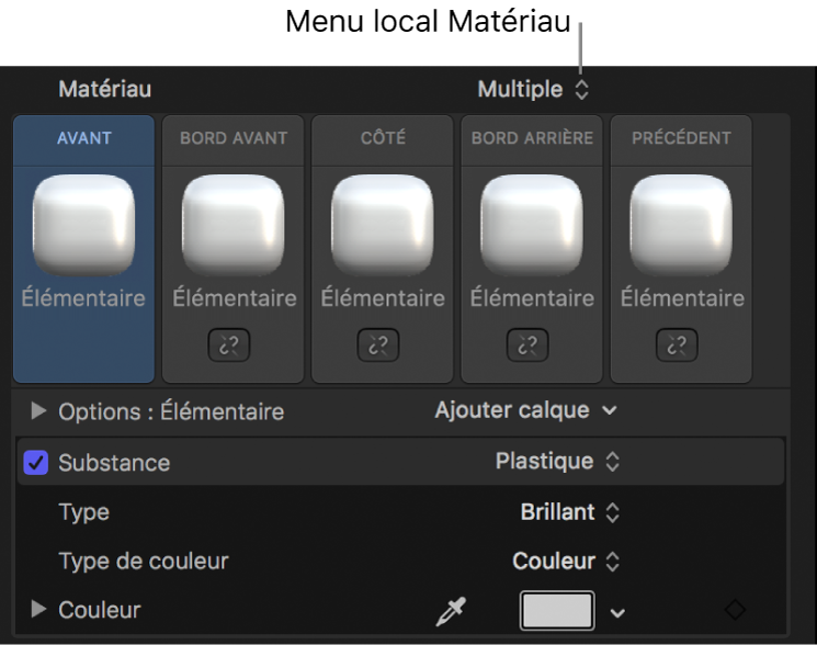 Inspecteur de texte 3D affichant le menu local Matériau réglé sur Multiple