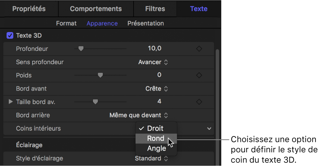 Fenêtre Apparence de l’inspecteur de texte affichant les options du menu local Coins intérieurs