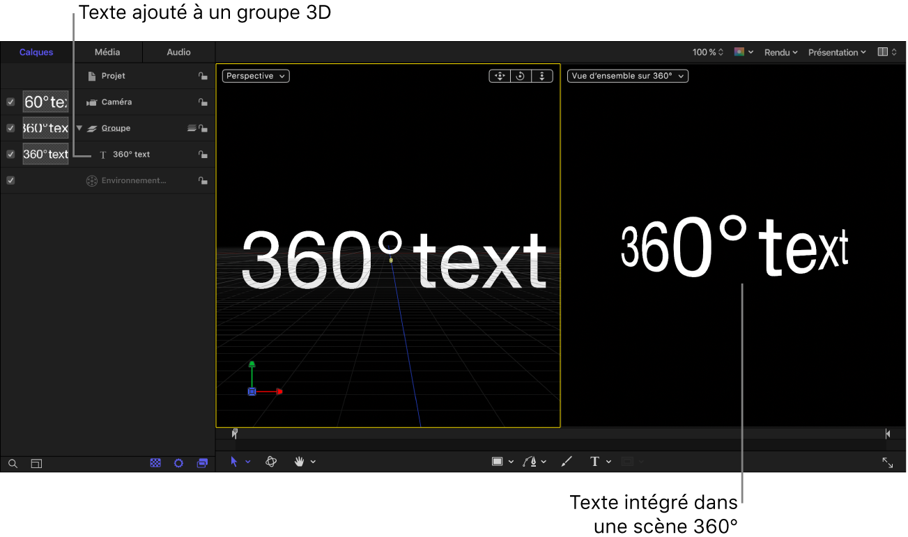 Texte ajouté à un objet Groupe du projet 360°