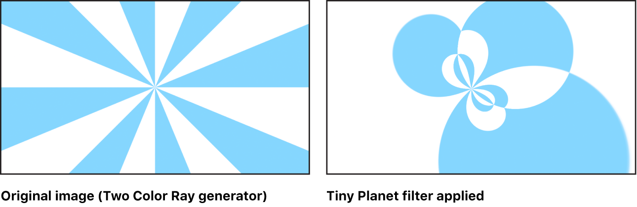 「2色光線」ジェネレータでの「タイニープラネット」フィルタの効果を示すキャンバス