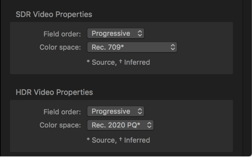 Job inspector showing separate Color space pop-up menus for the SDR source video and the HDR source video.