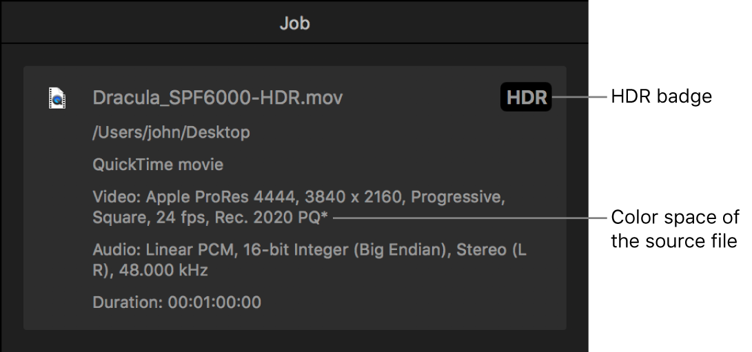 Inspector de tareas con distintivo HDR y el espacio de color del archivo de vídeo de origen.