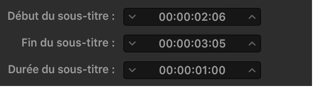 Champs de synchronisation du sous-titre dans l’inspecteur des sous-titres codés ou dans l’inspecteur des sous-titrages