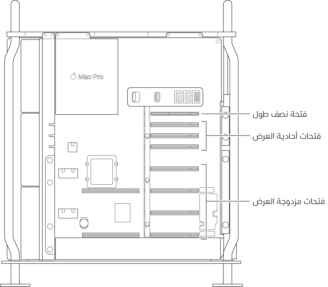 الـ Mac Pro مفتوح من الجانب، مع وسائل شرح توضح أماكن الفتحات مزدوجة العرض والفتحات أحادية العرض والفتحة نصفية الطول.