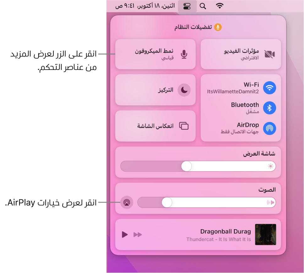 عرض مُكبَّر لمركز التحكم على الـ Mac.