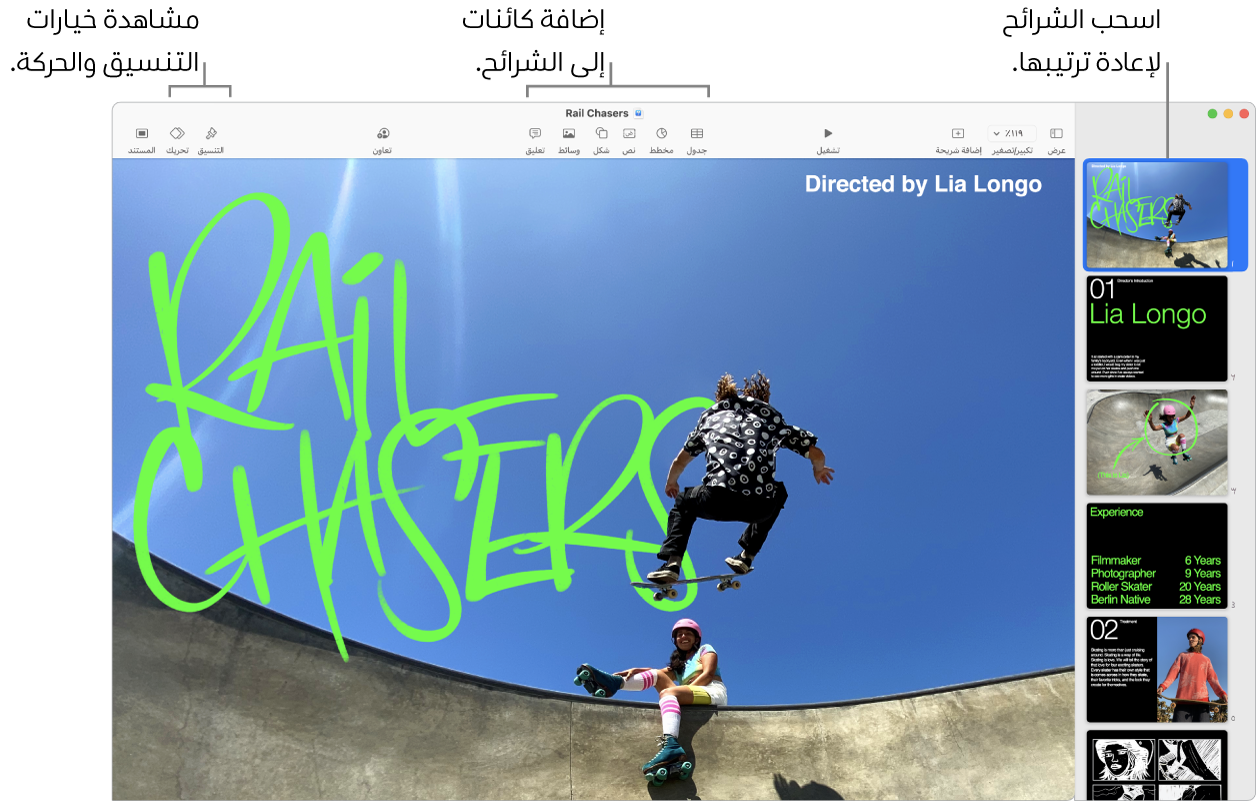 نافذة Keynote تعرض متصفح الشرائح على اليمين وكيفية إعادة ترتيب الشرائح، وشريط الأدوات وأدوات التحرير الخاصة به في الأعلى، والزر تعاون بالقرب من أعلى اليسار، والأزرار تنسيق وحركة والمستند على اليسار.
