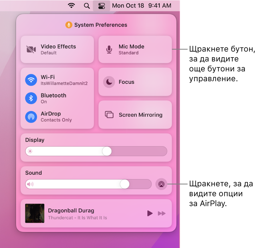 Уголемен изглед на Контролен център на вашия Mac.