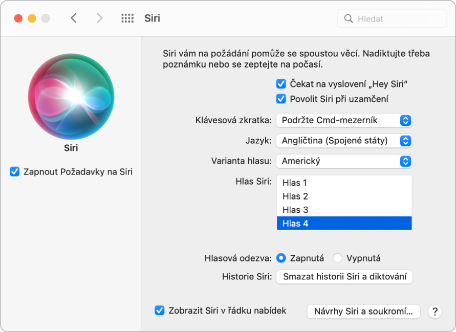 Okno předvoleb Siri s vybranou volbou „Zapnout Požadavky na Siri“ vlevo a s několika volbami přizpůsobení Siri na pravé straně, včetně „Reagovat na frázi ‚Hey Siri‘“