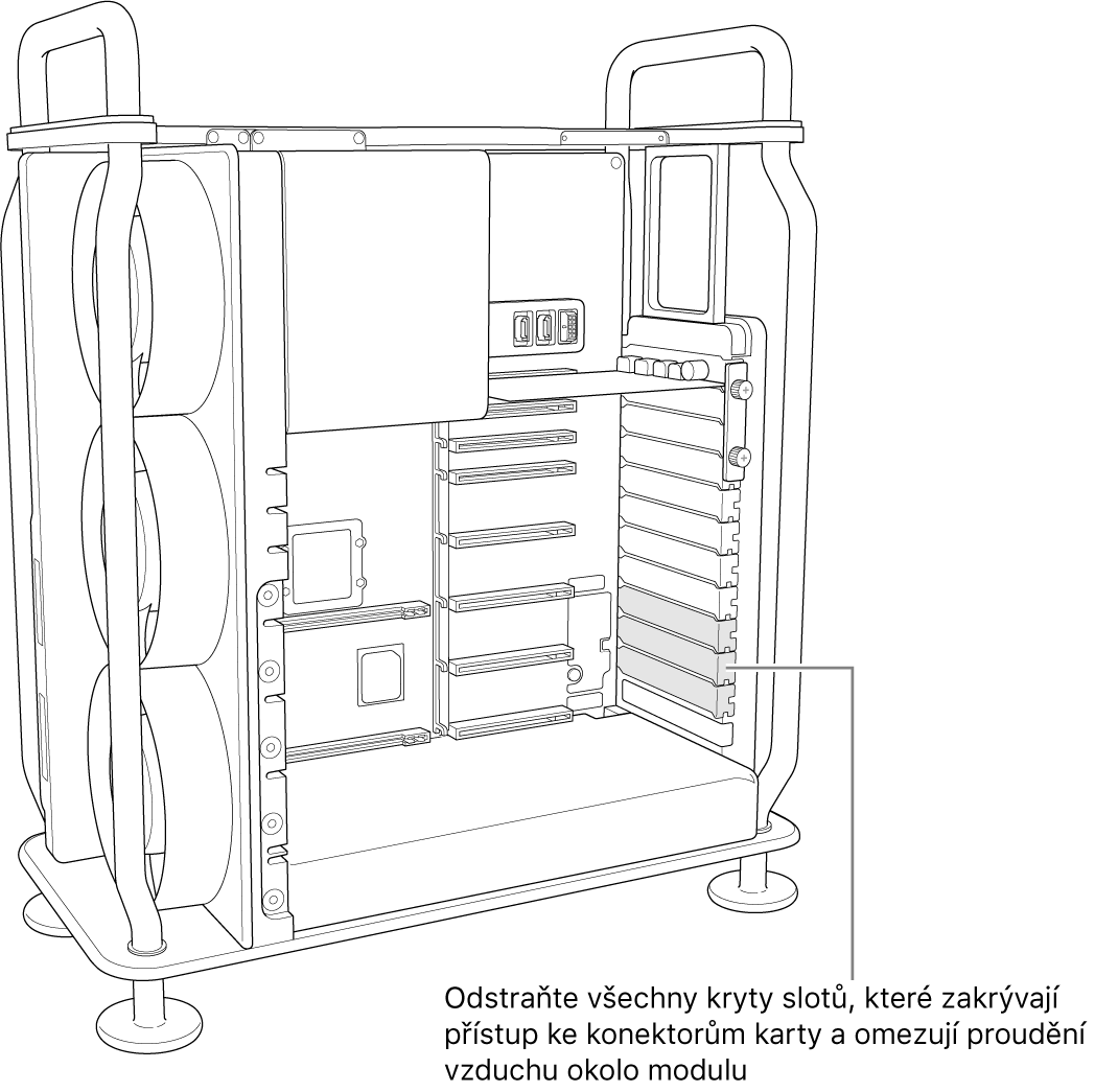 Odstraňte všechny kryty patic, které potřebujete odebrat, abyste získali přístup k portům na kartě a umožnili vzduchu proudit modulem.