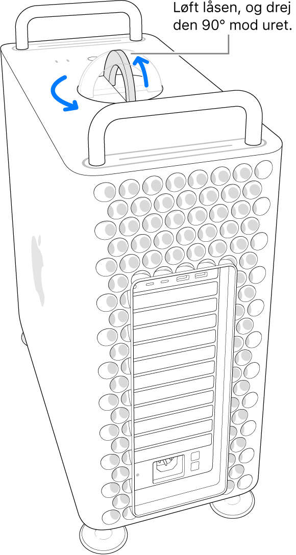 Viser det første trin, som er at fjerne computerens kabinet ved at løfte og dreje låsen 90 grader.