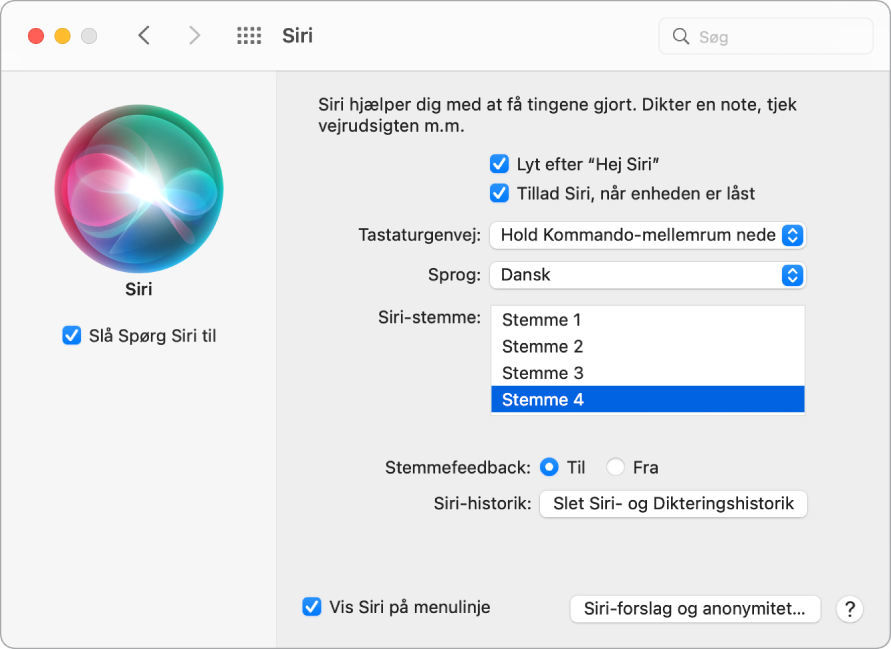 Vinduet med Siri-indstillinger med Slå Spørg Siri til valgt til venstre og flere muligheder til tilpasning af Siri til højre, herunder “Lyt efter ‘Hej Siri’”.