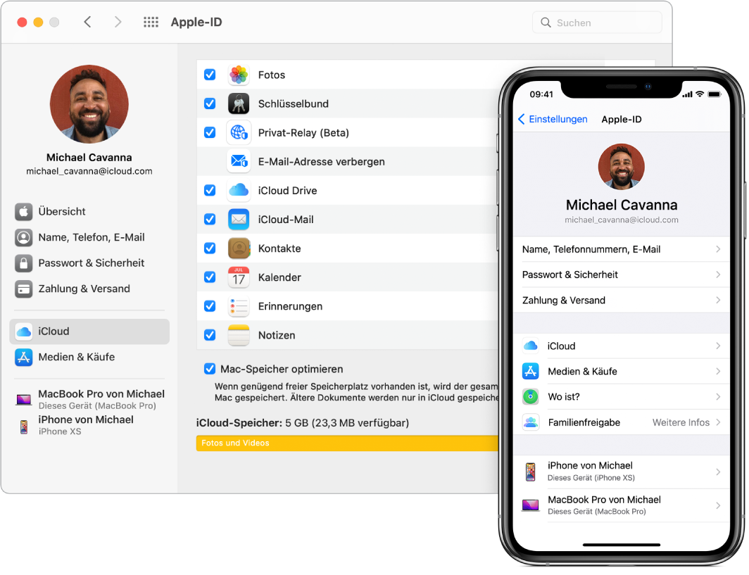 iCloud-Einstellungen auf einem iPhone und das iCloud-Fenster auf dem Mac.