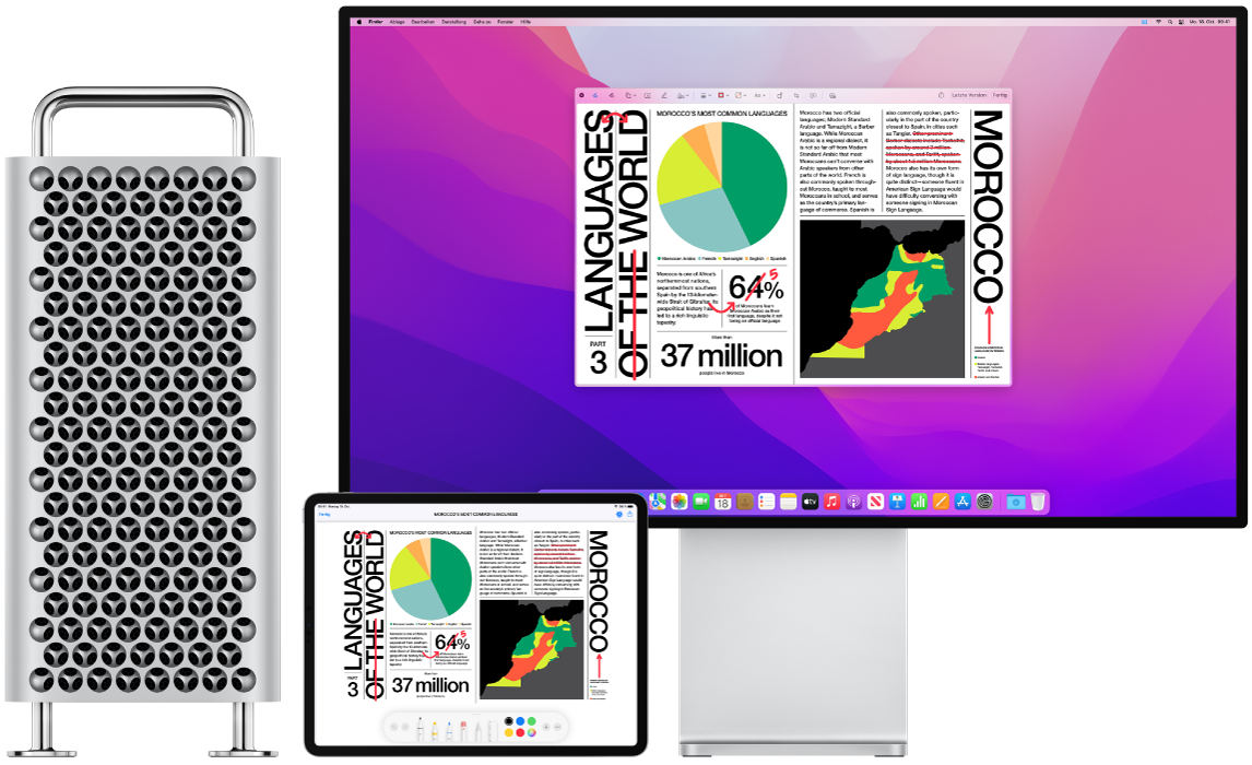 Ein Mac Pro und ein iPad nebeneinander. Auf beiden Bildschirmen wird ein Artikel mit roten Markierungen wie durchgestrichenen Sätzen und hinzugefügten Wörtern angezeigt. Auf dem iPad-Bildschirm werden unten Steuerelemente für Markierungen angezeigt.