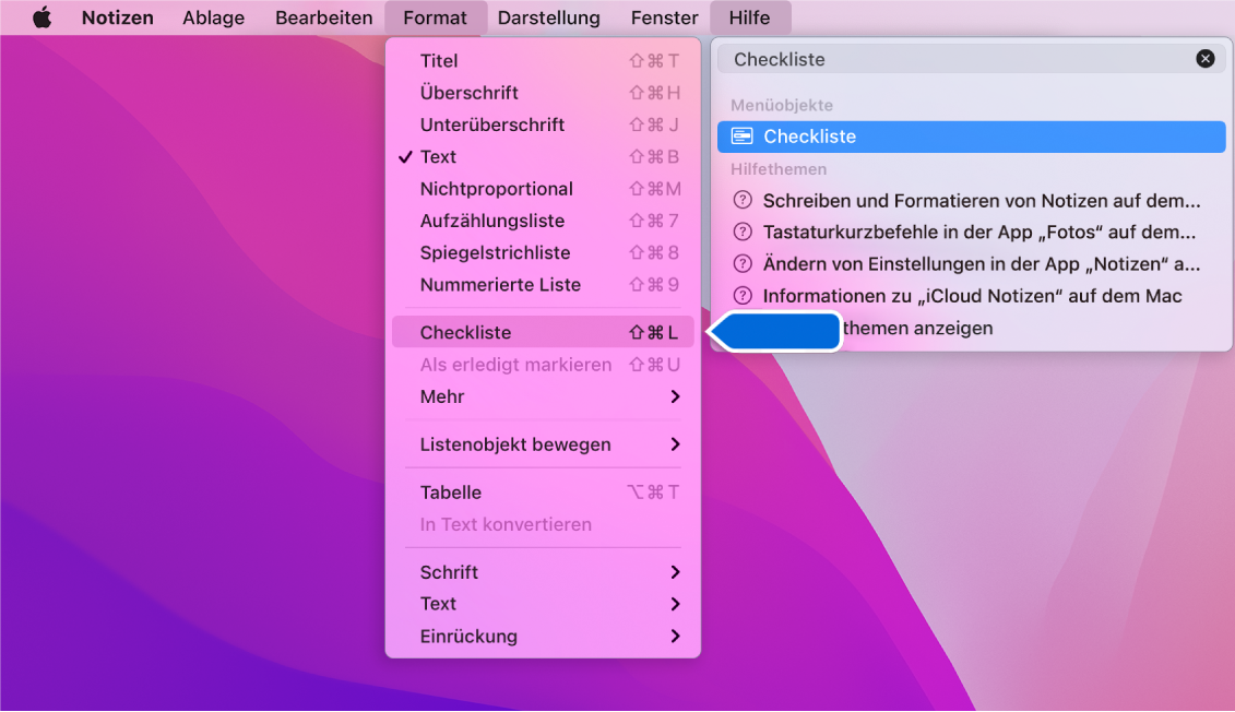 Das Menü „Hilfe“ mit einer Suche nach „Checkliste“. Der Befehl „Checkliste“ ist in der Ergebnisliste im Menü „Format“ hervorgehoben.