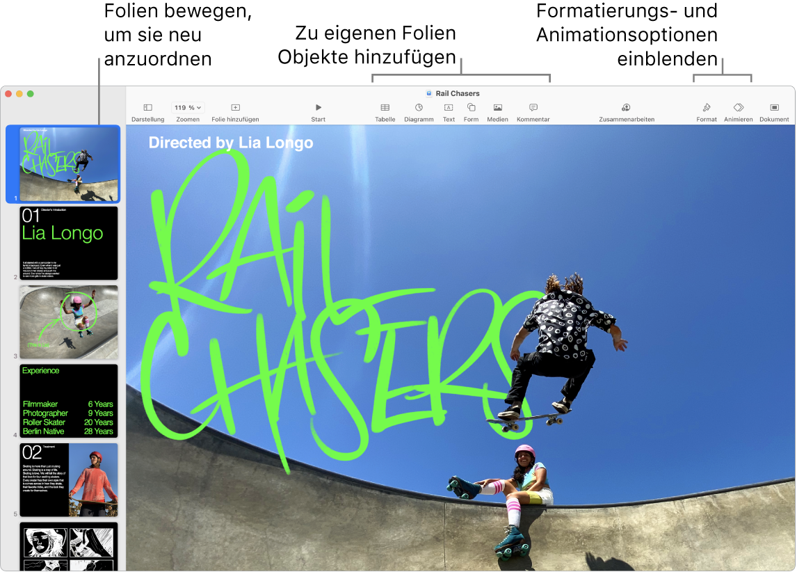 Ein Keynote-Fenster mit dem Foliennavigator links und Informationen zum Neuanordnen von Folien, der Symbolleiste und die Bearbeitungswerkzeugen oben, der Taste „Zusammenarbeiten“ oben rechts und den Tasten „Format“, „Animieren“ und „Dokument“ rechts.