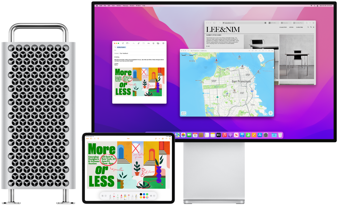 A Mac Pro and iPad are shown next to each other. The iPad screen shows a flyer with annotations. The display used by the Mac Pro has a Mail message with the annotated flyer from the iPad as an attachment.