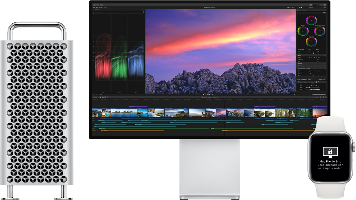 Una Mac Pro y su pantalla junto a un Apple Watch mostrando un mensaje que dice que la Mac se desbloqueó usando el reloj.