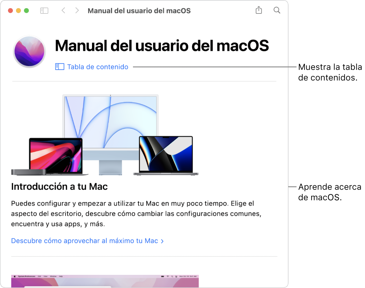 La página de bienvenida del Manual de usuario de macOS con el enlace a la tabla de contenido.