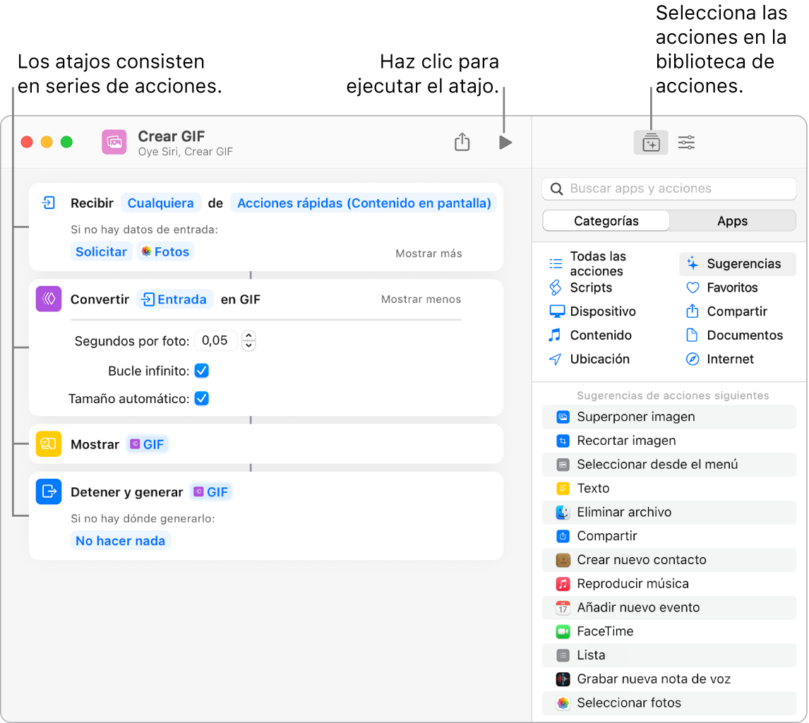 El editor de atajos “Crear GIF” a la izquierda y la biblioteca de acciones a la derecha.