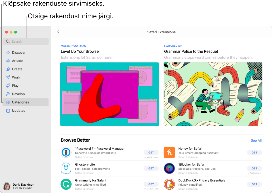 App Store'i aknas kuvatakse otsinguvälja ja lehte Safari Extensions.