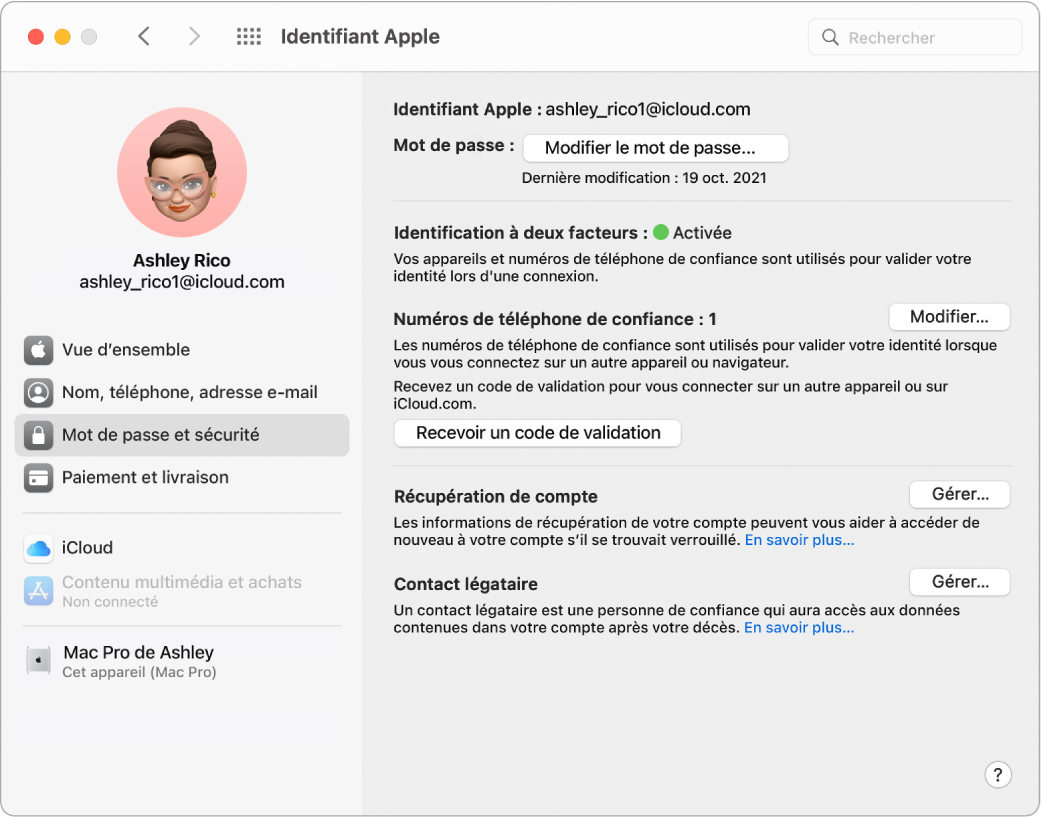 La section « Mot de passe et sécurité » de l’identifiant Apple dans Préférences Système. Cliquez sur gérer pour configurer la récupération de compte.