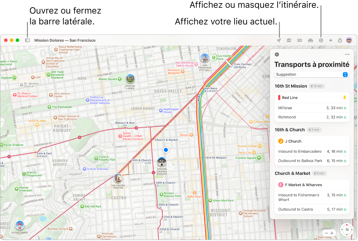 Fenêtre de Plans affichant comment obtenir un itinéraire en cliquant sur une destination dans la barre latérale, comment ouvrir ou fermer la barre latérale, et comment trouver votre position actuelle sur le plan.