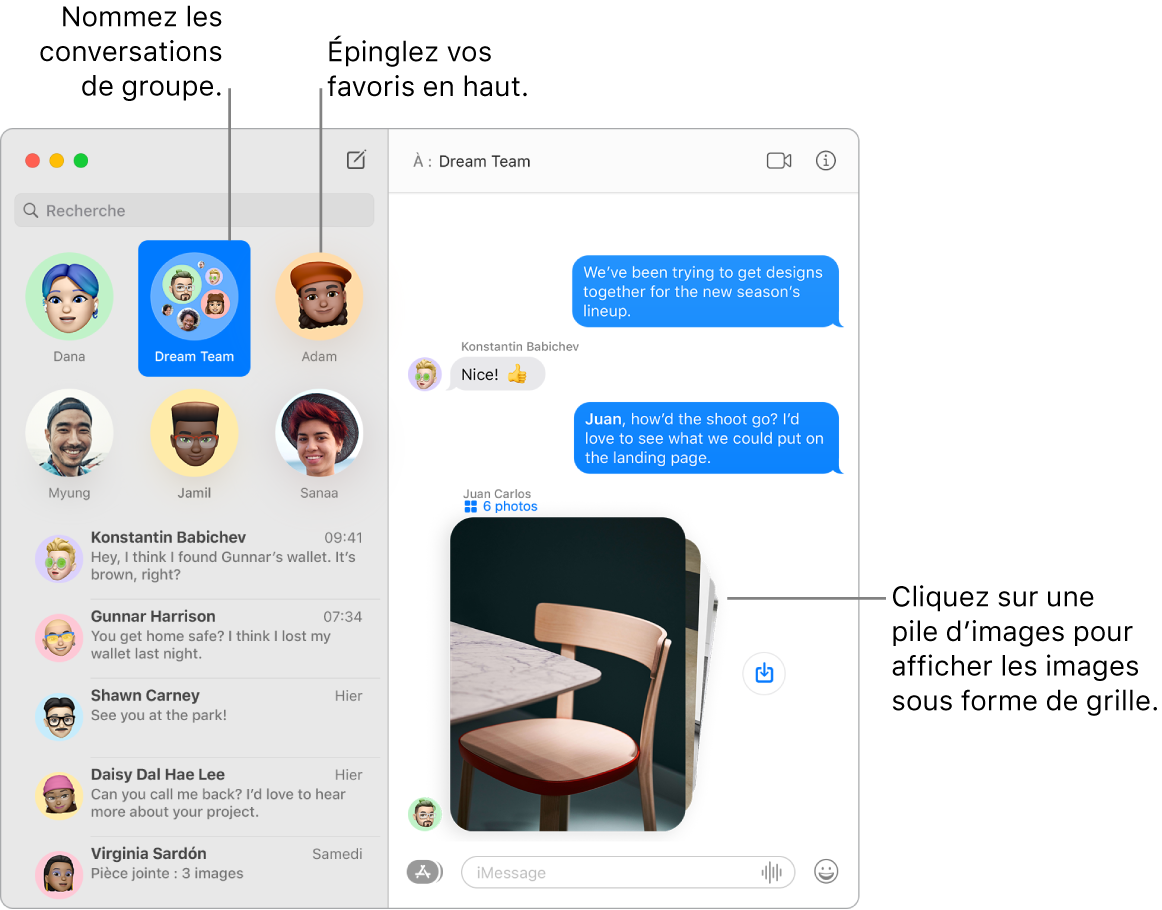 Une fenêtre Messages avec une conversation de groupe et des conversations individuelles épinglées en haut de la colonne de gauche. Dans la conversation située à droite se trouve une pile de six photos avec un bouton « Enregistrer la photo » en regard.