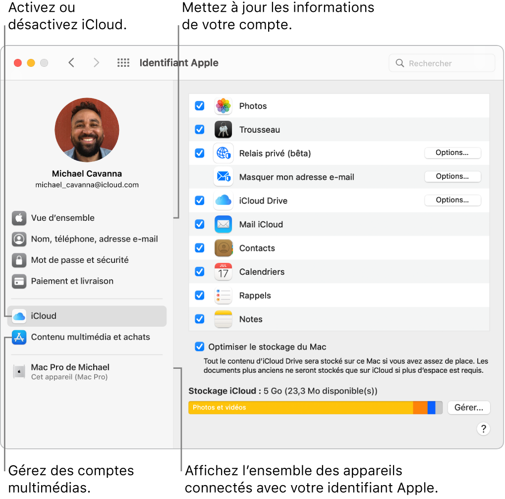 La sous-fenêtre « Identifiant Apple » de « Préférences Système ». Cliquez sur un élément de la barre latérale pour mettre à jour les données de votre compte, activer ou désactiver iCloud, gérer les comptes multimédias et voir tous les appareils connectés avec votre identifiant Apple.