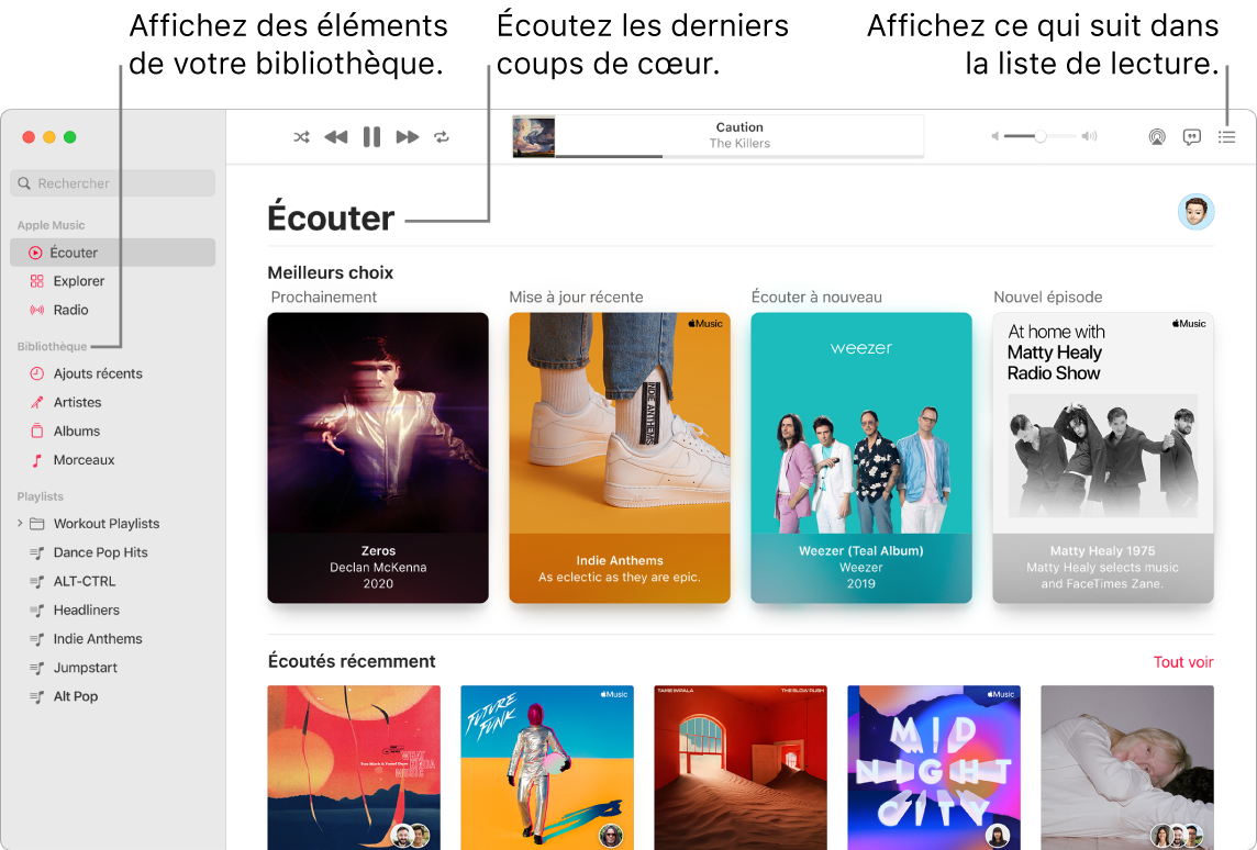 La fenêtre de l’app Musique indiquant comment afficher votre bibliothèque, écouter Apple Music et voir le prochain morceau.