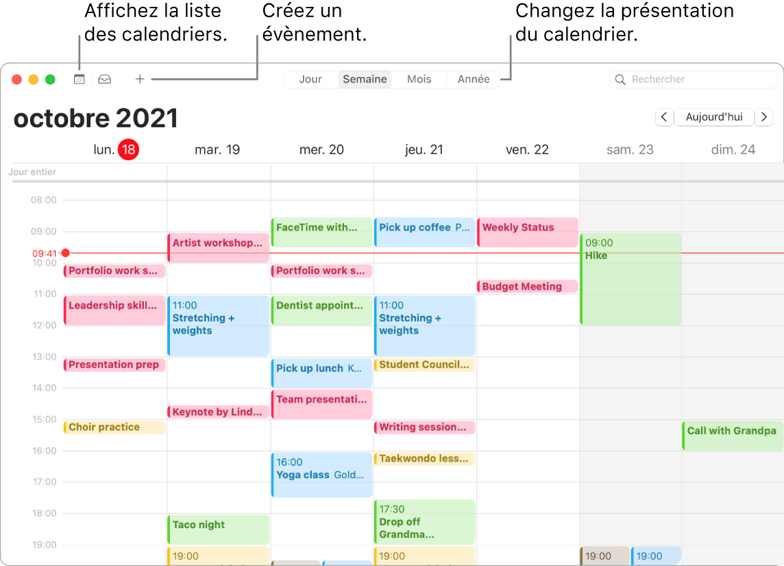 Une fenêtre de Calendrier indiquant comment créer un évènement, obtenir la liste des évènements et choisir une présentation par jour, par semaine, par mois ou par année.