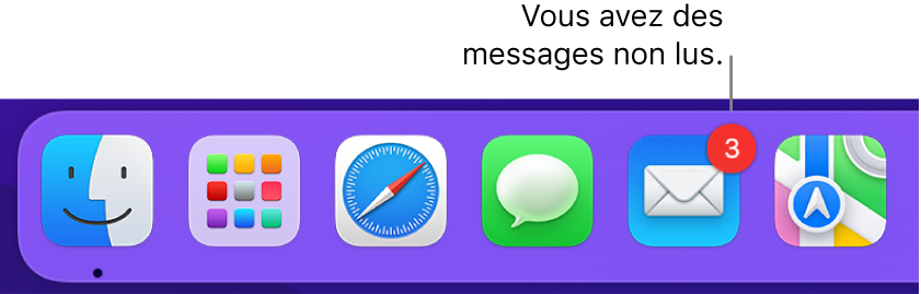 Section du Dock reprenant l’icône de l’app Mail et un médaillon, indiquant les messages non lus.