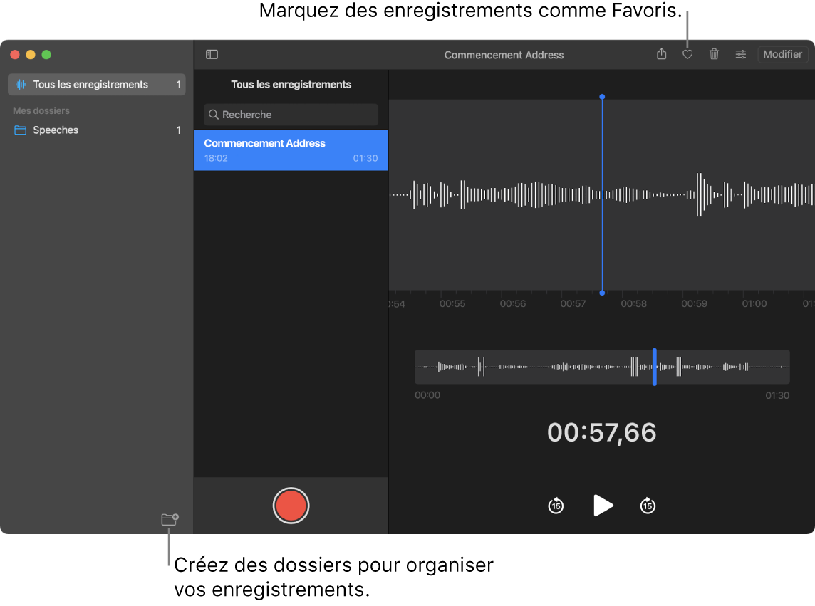 Fenêtre de Dictaphone montrant comment créer de nouveaux dossiers ou marquer des enregistrements comme favoris.