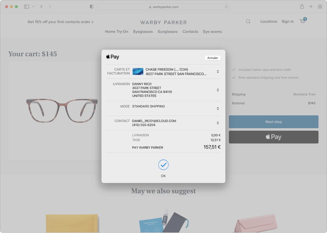 Écran d’un Mac affichant un achat en ligne en cours utilisant l’option Apple Pay dans Safari.