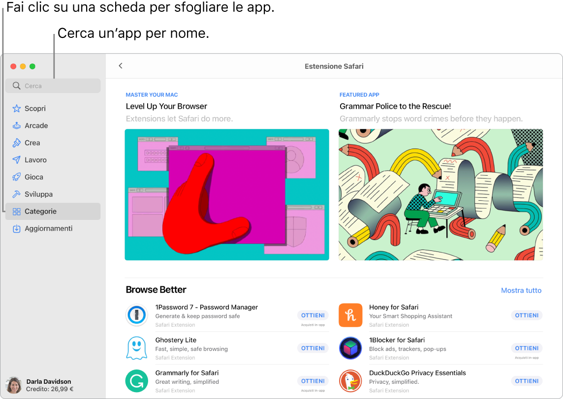 Finestra di App Store che mostra il campo di ricerca e una pagina delle estensioni di Safari.