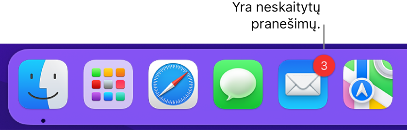„Dock“ dalis, kurioje rodoma programos „Mail“ piktograma su ženkleliu, nurodančiu neskaitytų el. laiškų skaičių.