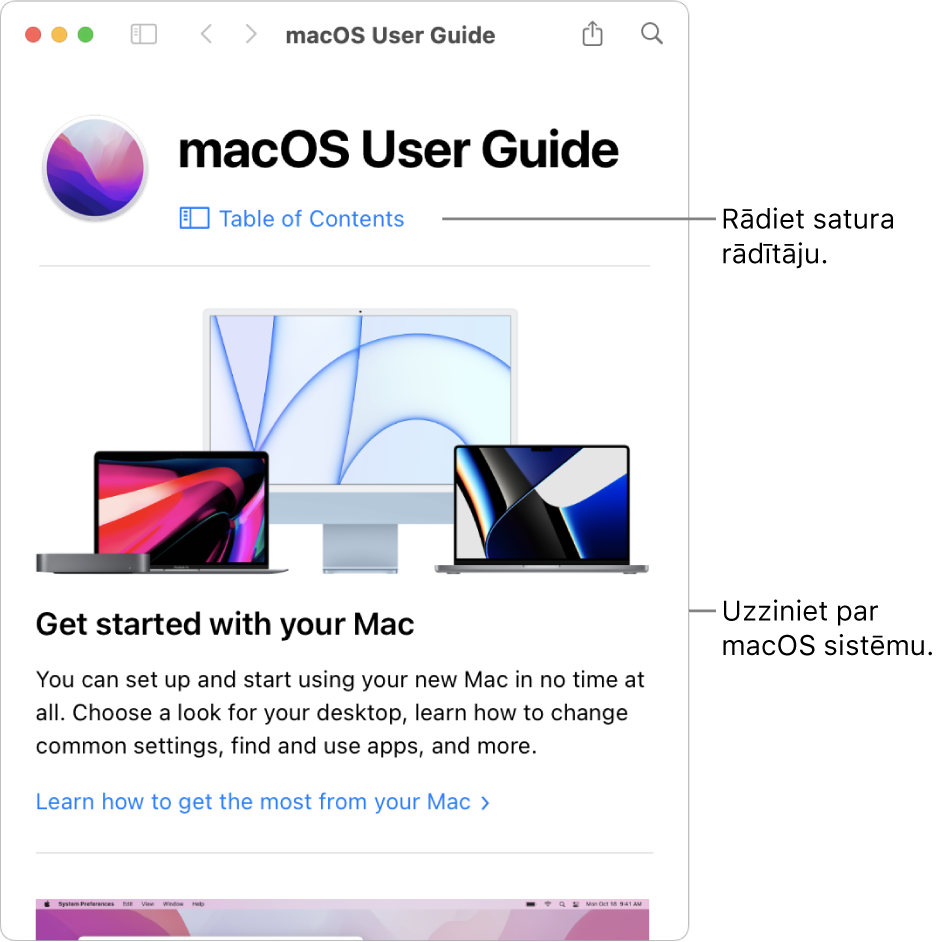 macOS lietošanas pamācības sākuma lapa ar saiti uz satura rādītāju.