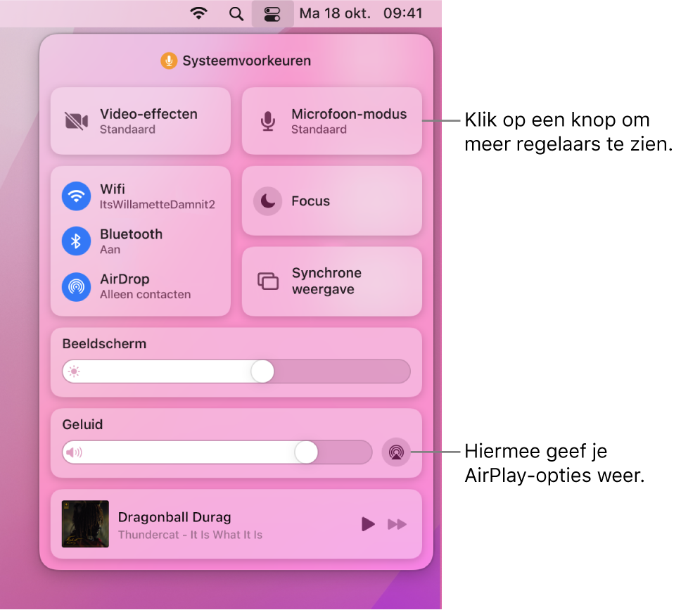 Ingezoomde weergave van het bedieningspaneel op de Mac.