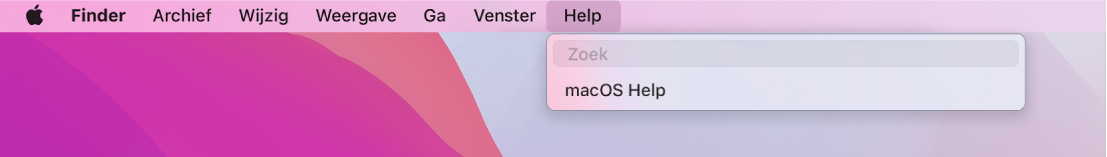 Een gedeelte van een bureaublad waarop het Help-menu is geopend, met de opties 'Zoek' en 'macOS Help'.