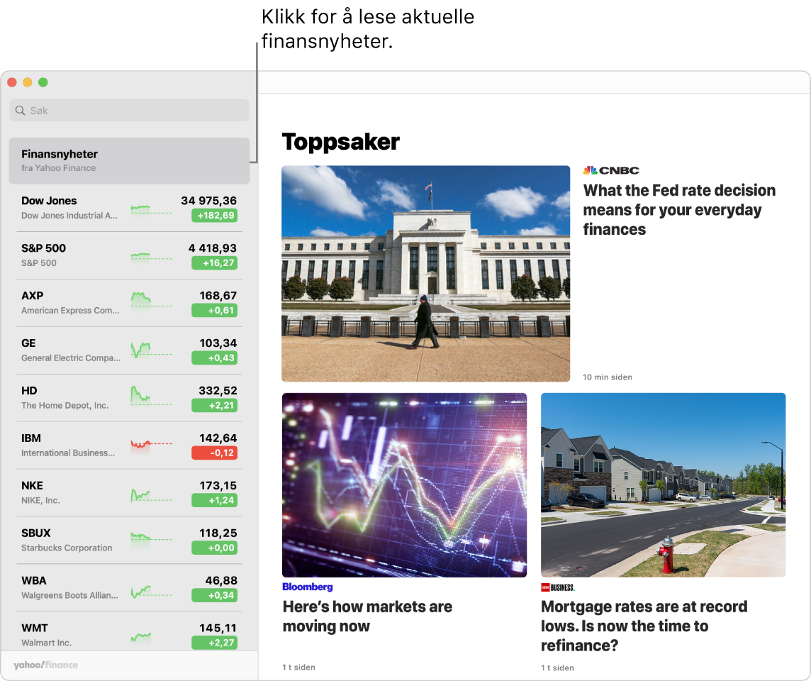 Aksjer-oversikten, som viser markedspriser i en liste sammen med Top Stories.