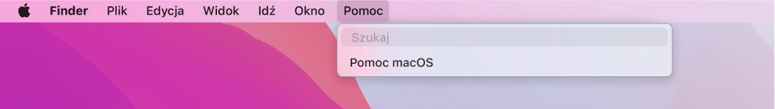 Częściowy widok biurka z rozwiniętym menu Pomoc i opcje menu Szukaj oraz menu Pomoc macOS.