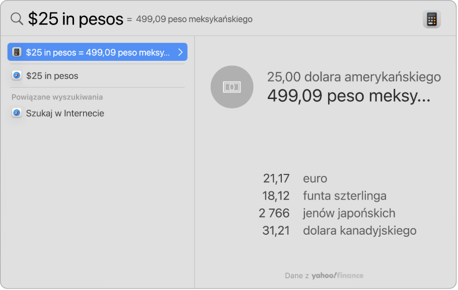 Zrzut ekranu przedstawiający konwersję dolarów na pesos. Najcelniejsze trafienie to konwersja, a poniżej widocznych jest kilka wyników do wyboru.