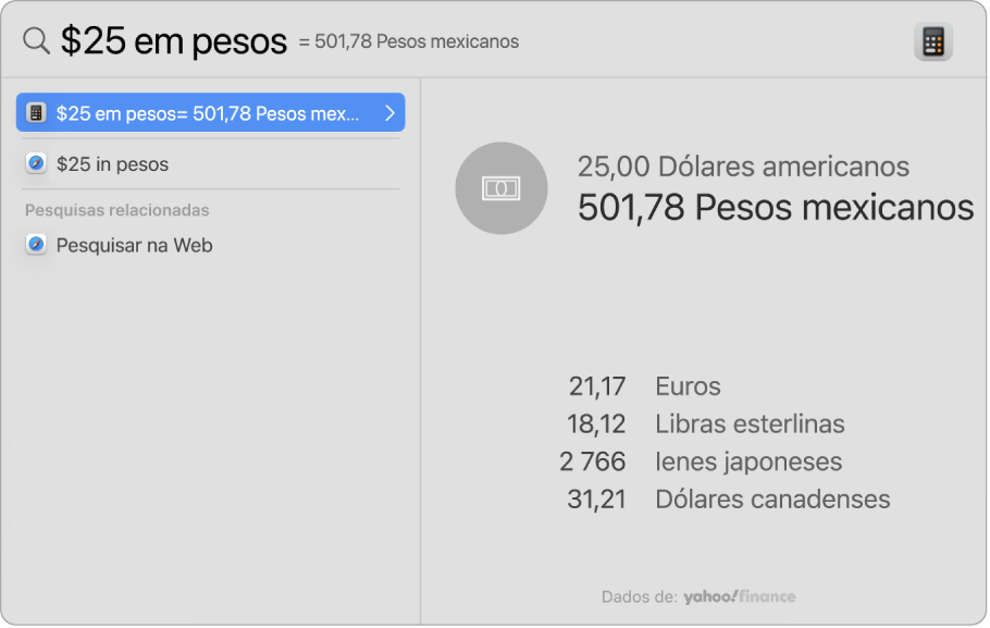 Uma captura de ecrã a mostrar dólares convertidos em pesos com um resultado relevante a mostrar a conversão e vários resultados selecionáveis.