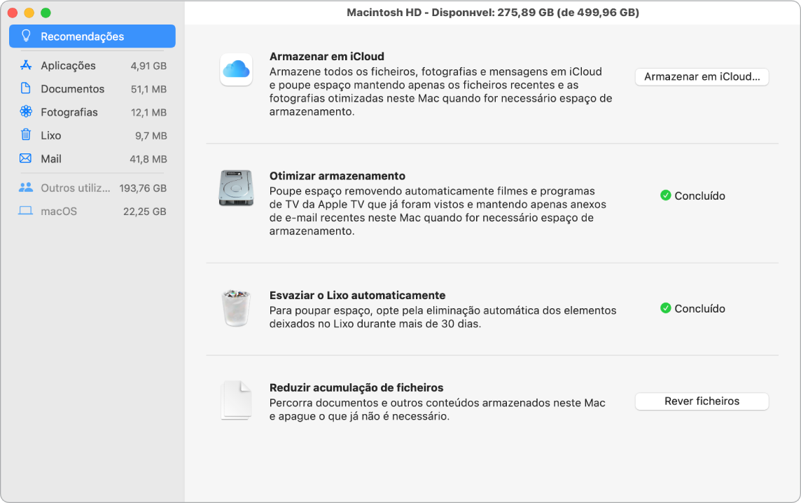 As preferências de Recomendações para armazenamento, a mostrar as opções Armazenar em iCloud, Otimizar armazenamento, Apagar o Lixo automaticamente, e Reduzir acumulação de ficheiros.