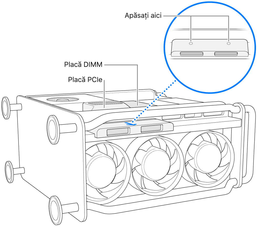 Mac Pro așezat pe o parte și arătând capacele de la DIMM, PCIe și SSD.