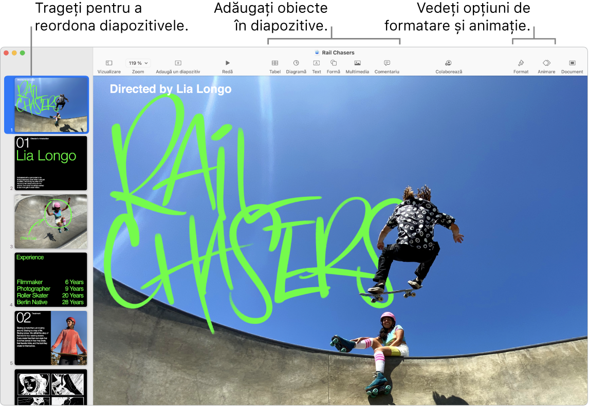 O fereastră Keynote afișând navigatorul de diapozitive în stânga și modul de reordonare a diapozitivelor, bara de instrumente cu instrumentele de editare în partea de sus, butonul Colaborează lângă partea din dreapta sus și butoanele Format, Animare și Document în dreapta.