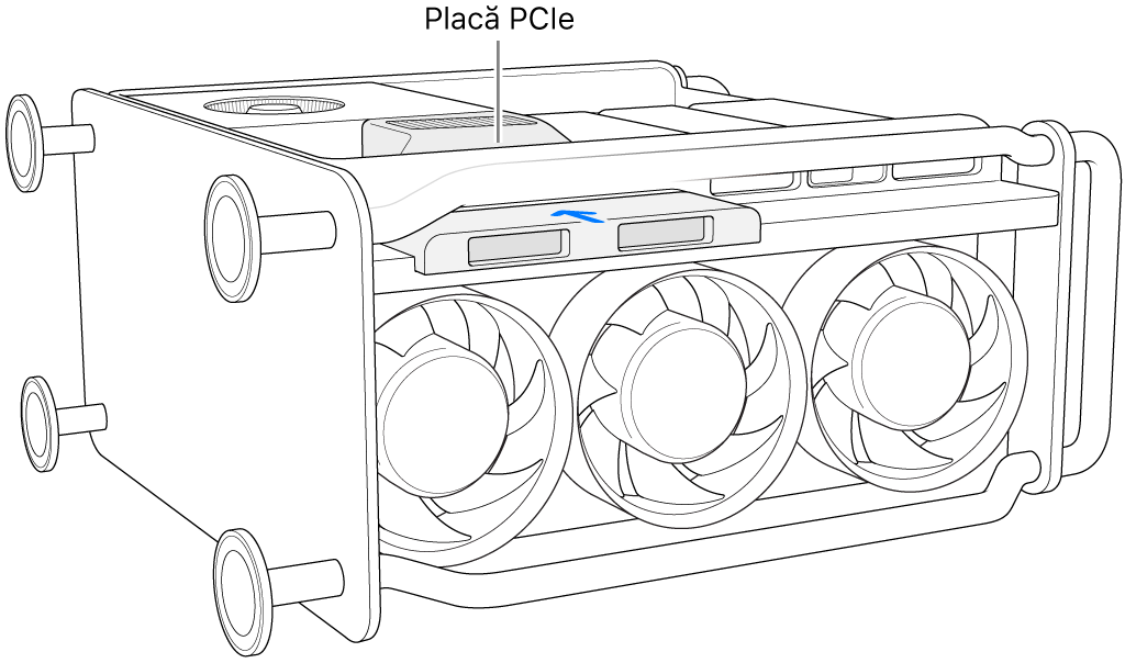 Mac Pro așezat pe o parte și arătând capacele de la PCIe și SSD.